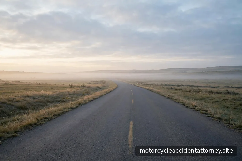 An empty stretch of open road at dawn with soft light, calm and quiet after traffic has passed