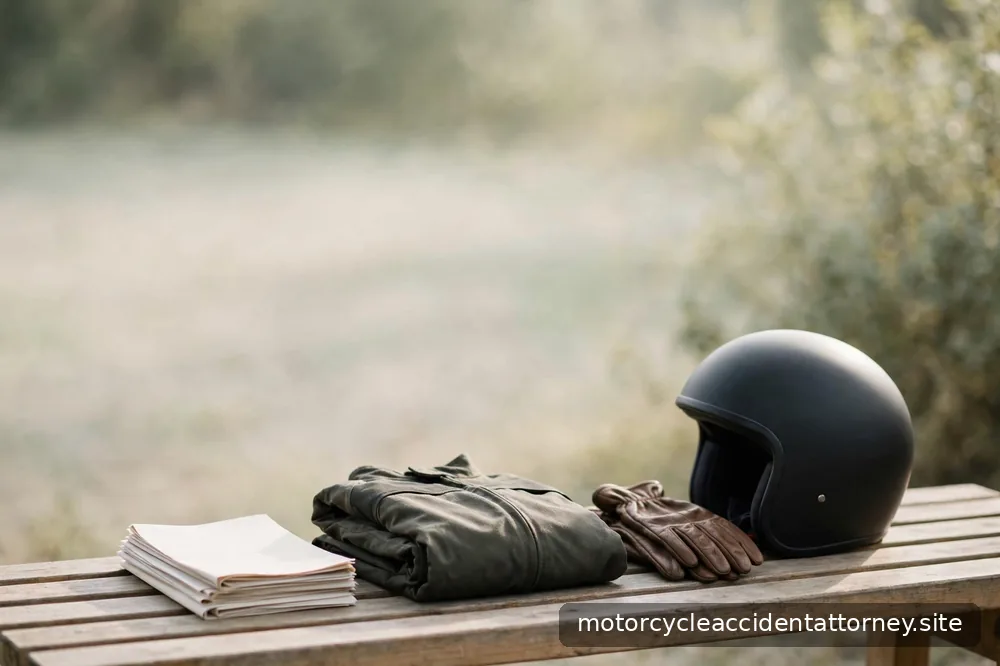 Riding gear resting calmly on a bench beside folded documents, photographed in soft natural light