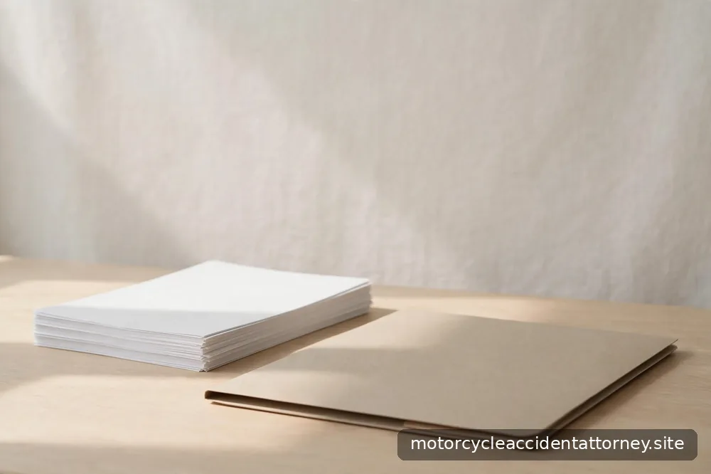 Documents and a closed folder resting on a desk in soft light, organized and calm