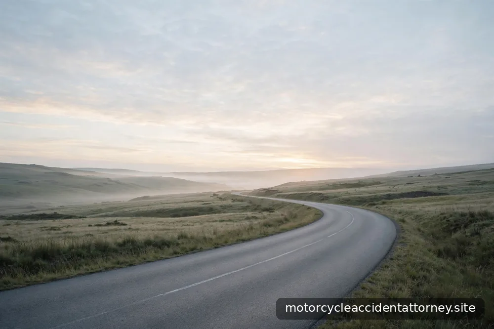 An empty open road curving through calm landscape at dawn, quiet and serene