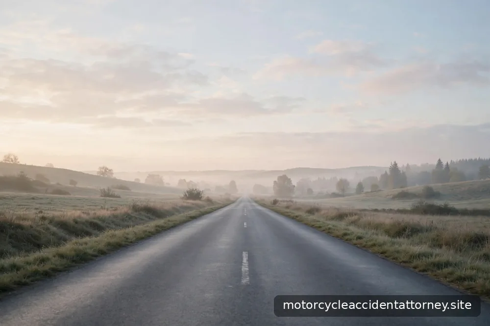 An empty open road at dawn with soft light, calm and quiet after traffic has passed