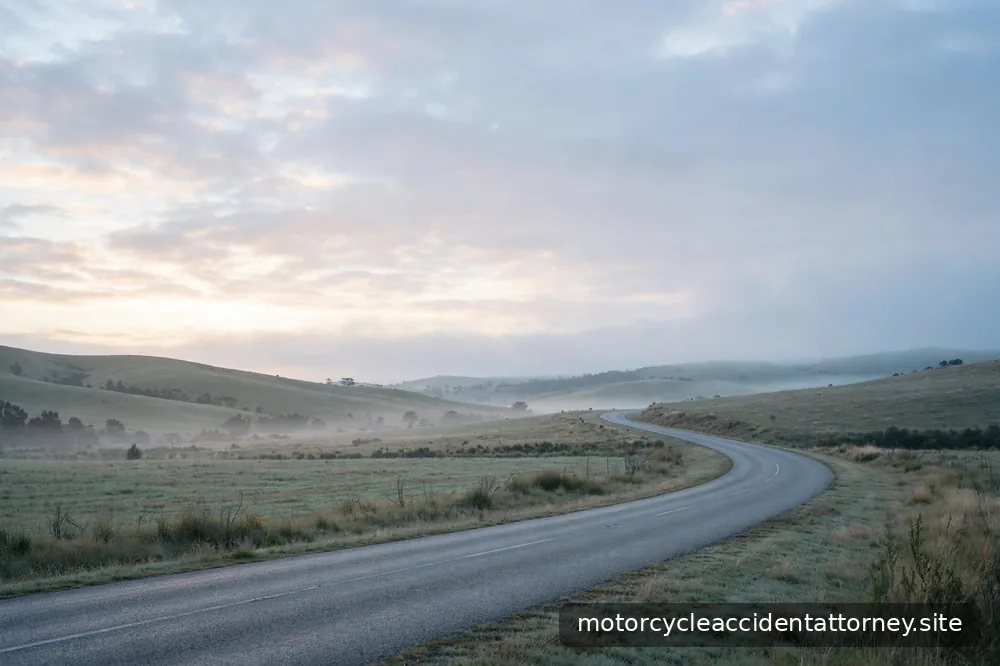An empty open road curving through calm landscape at dawn, quiet and serene