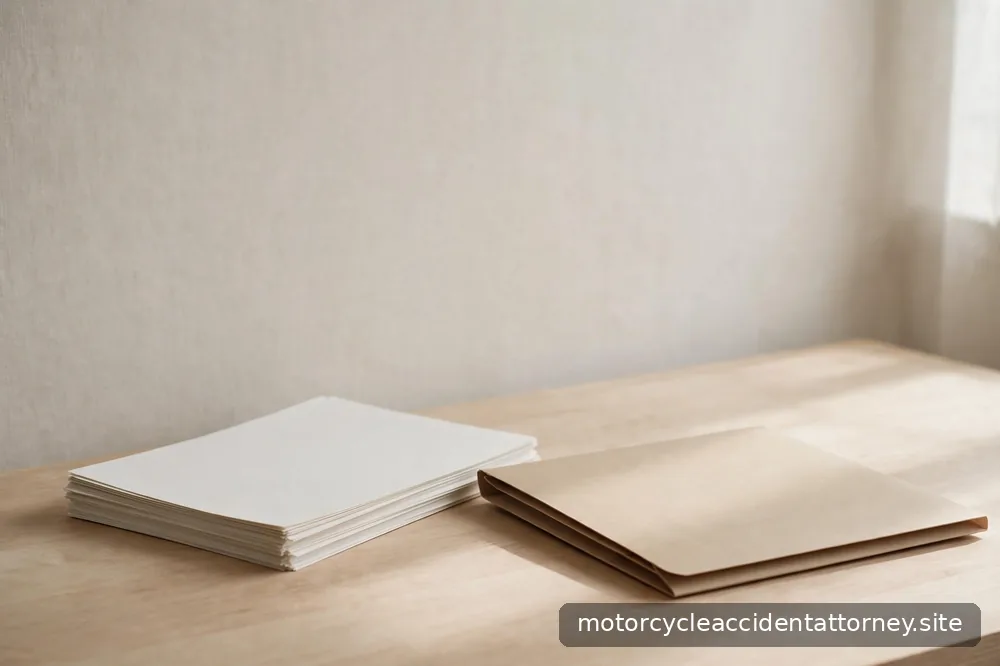 Documents and a closed folder resting on a desk in soft light, organized and calm