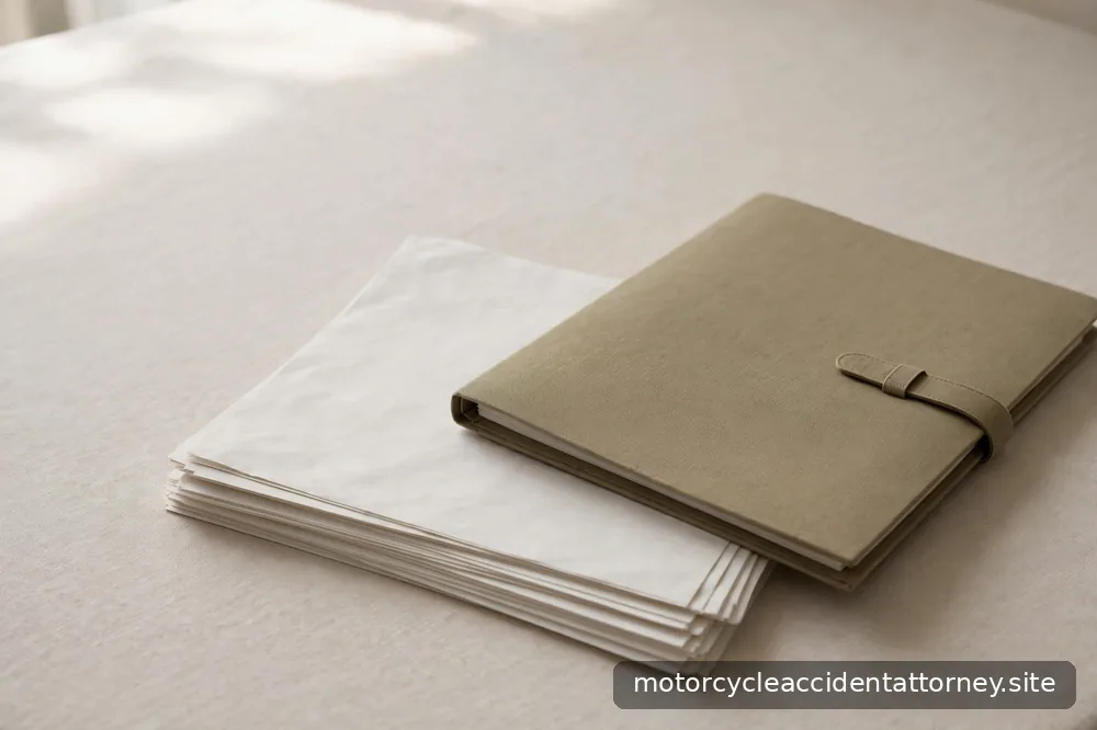 Documents and a closed folder resting on a desk in soft light, organized and calm