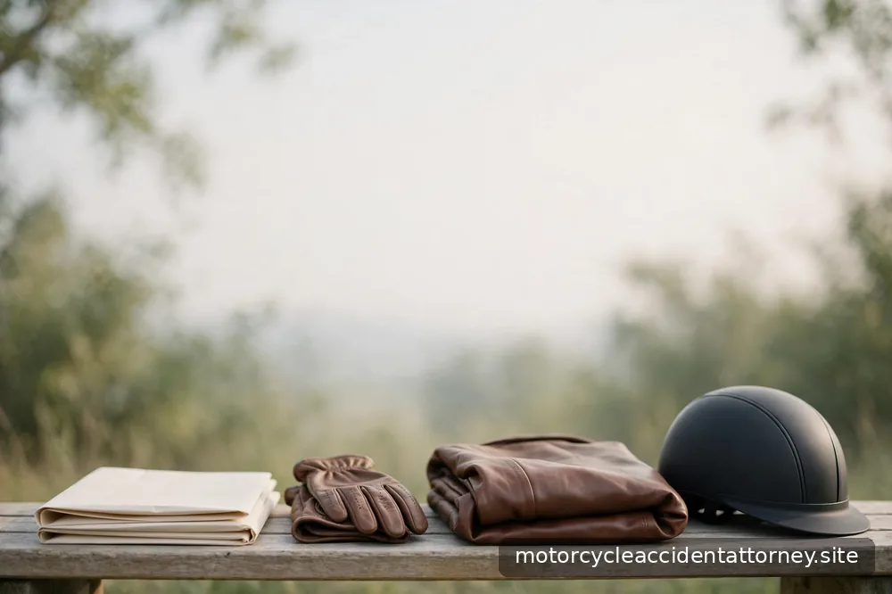 Riding gear resting calmly on a bench beside folded documents, photographed in soft natural light