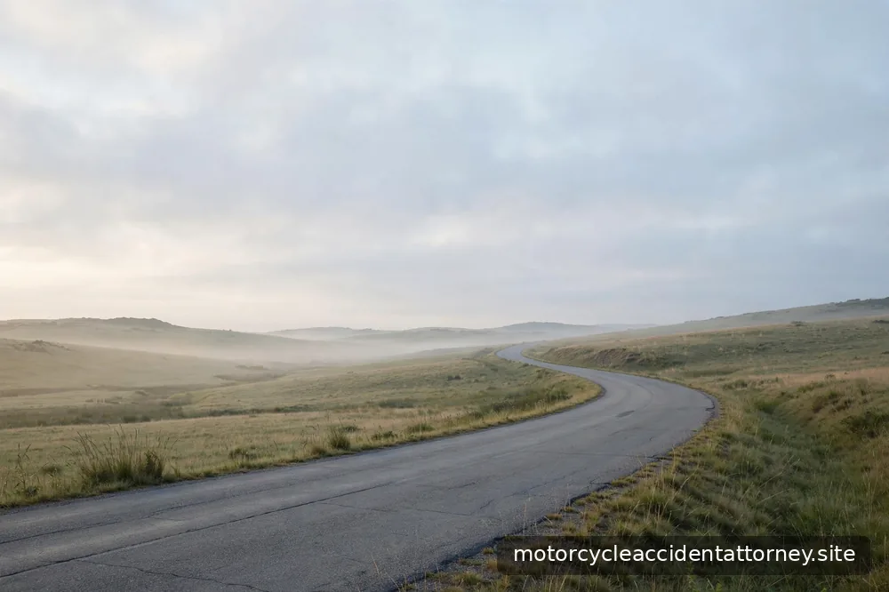 An empty open road curving through calm landscape at dawn, quiet and serene