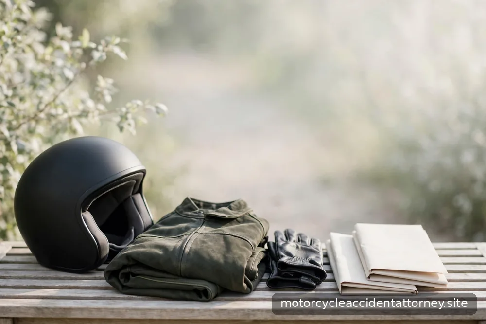 Riding gear resting calmly on a bench beside folded documents, photographed in soft natural light