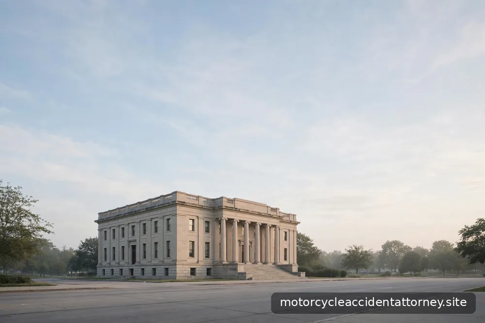 A quiet courthouse facade in soft morning light, photographed from across an empty street