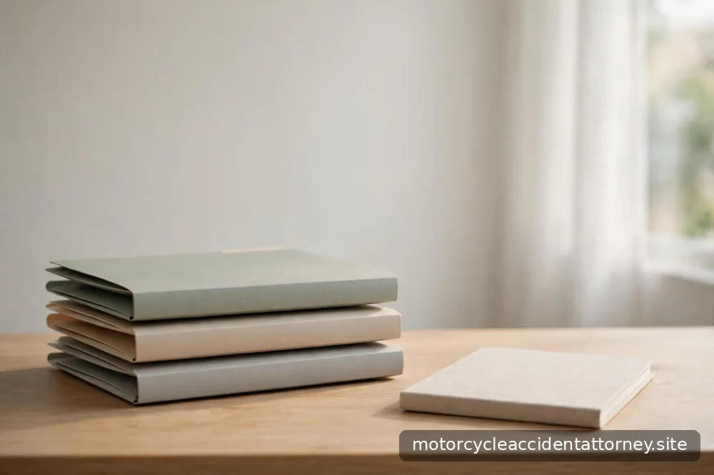 A tidy desk with stacked folders and a closed notebook in soft window light