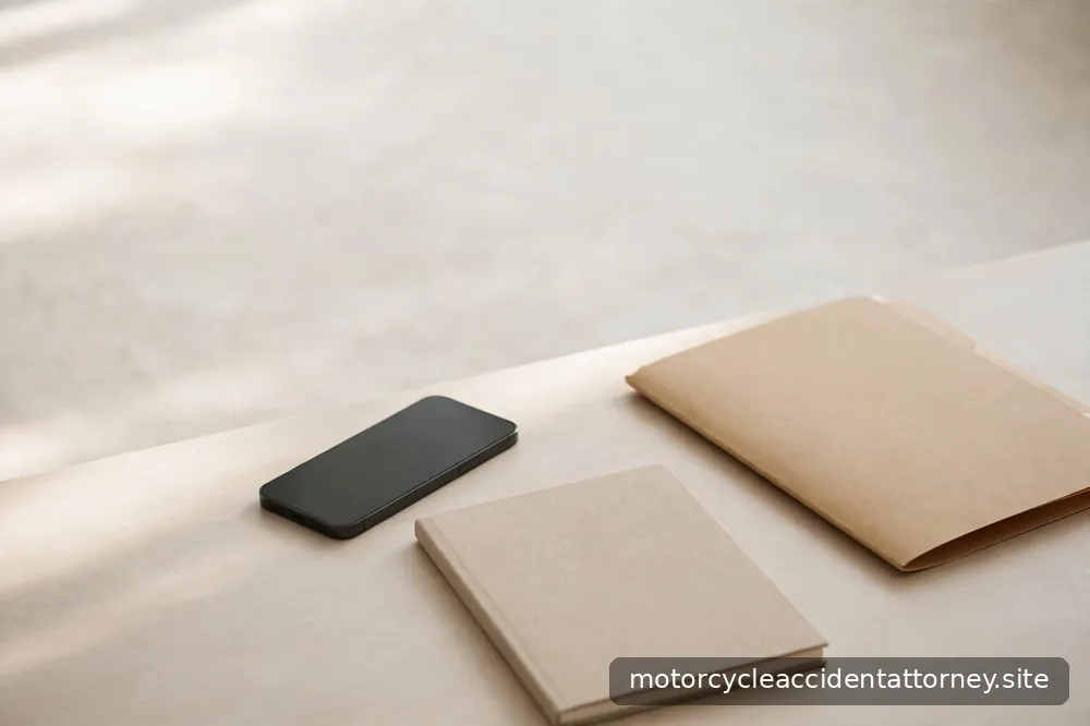 A clean desk with a smartphone, a notebook, and a manila folder in soft daylight
