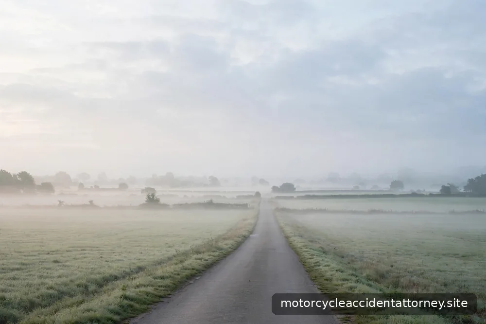 An empty country road at dawn with soft mist over the fields