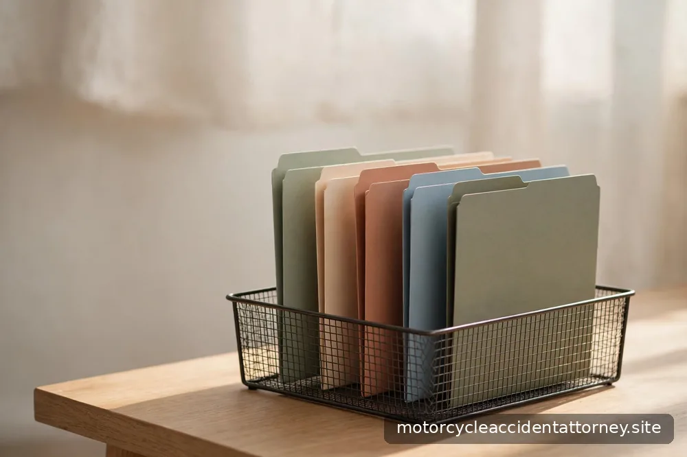 A filing tray with neatly labeled folders on a desk in warm daylight