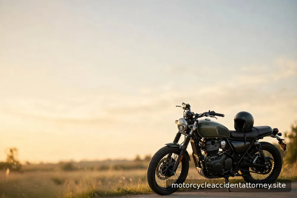 A parked motorcycle at golden hour with a helmet resting on the seat