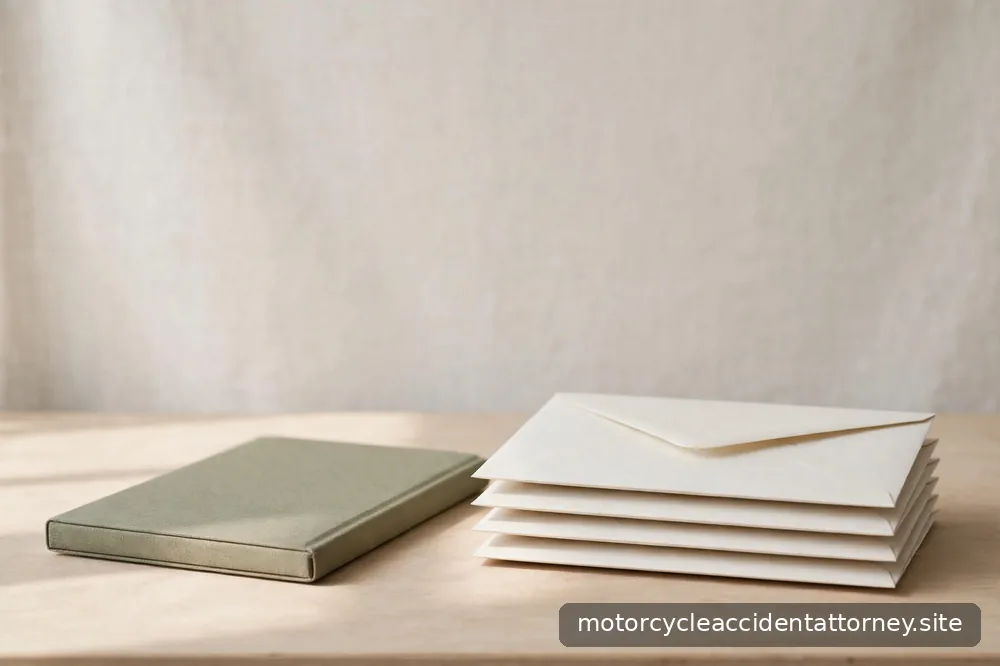 A neat stack of envelopes and a closed notebook on a desk in daylight