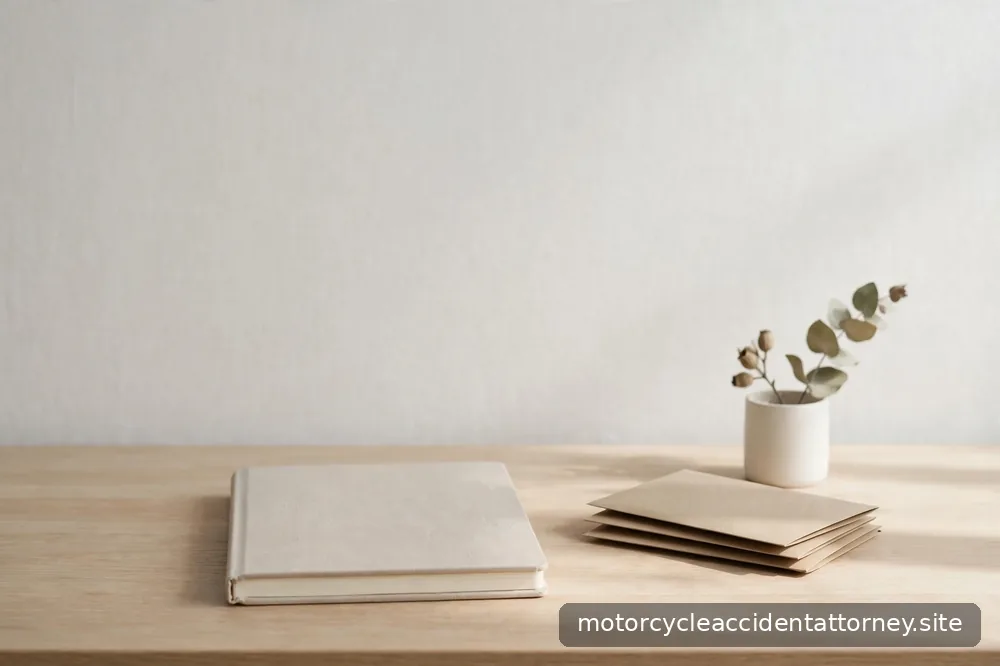 A tidy desk with a notebook and a small stack of mail in soft daylight