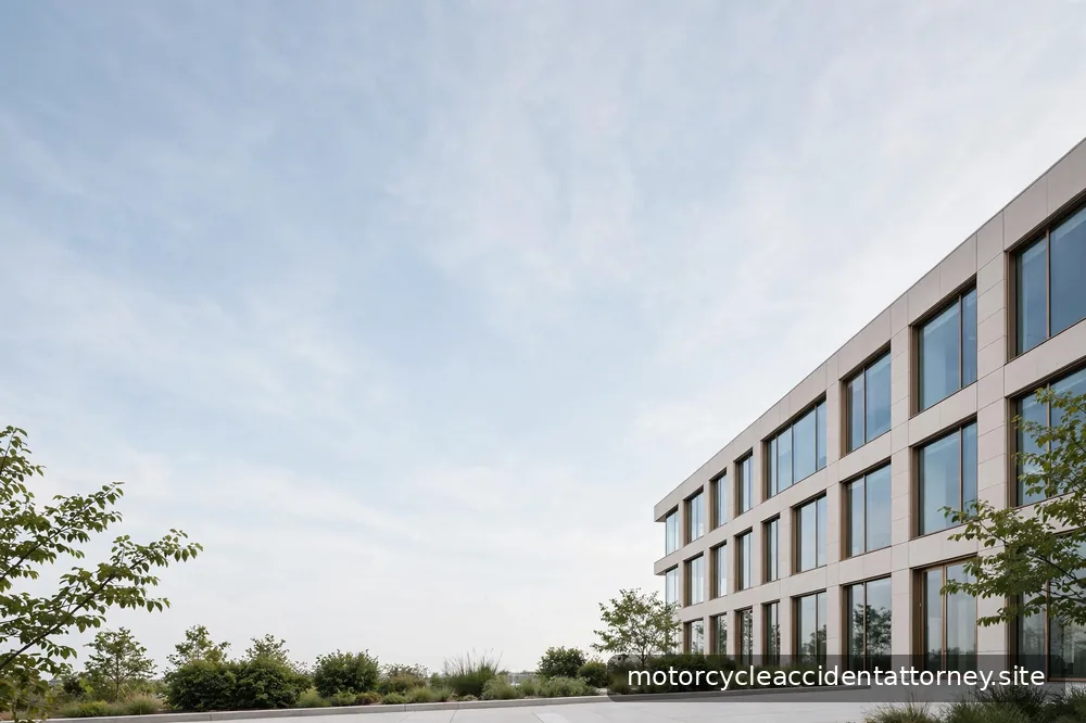 A modern office building facade in soft daylight, photographed from the sidewalk
