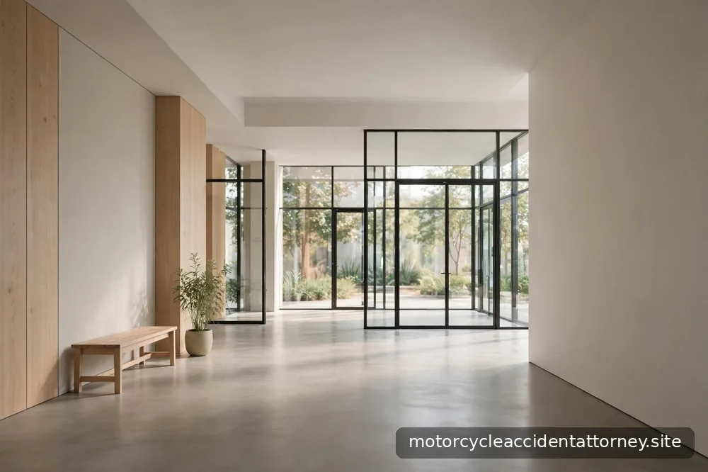 A quiet office building lobby with soft daylight through glass doors