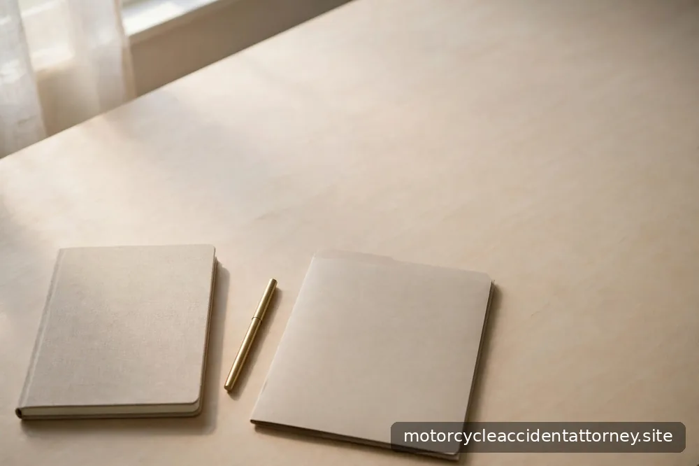 A notebook and pen on a desk beside a closed folder in soft daylight