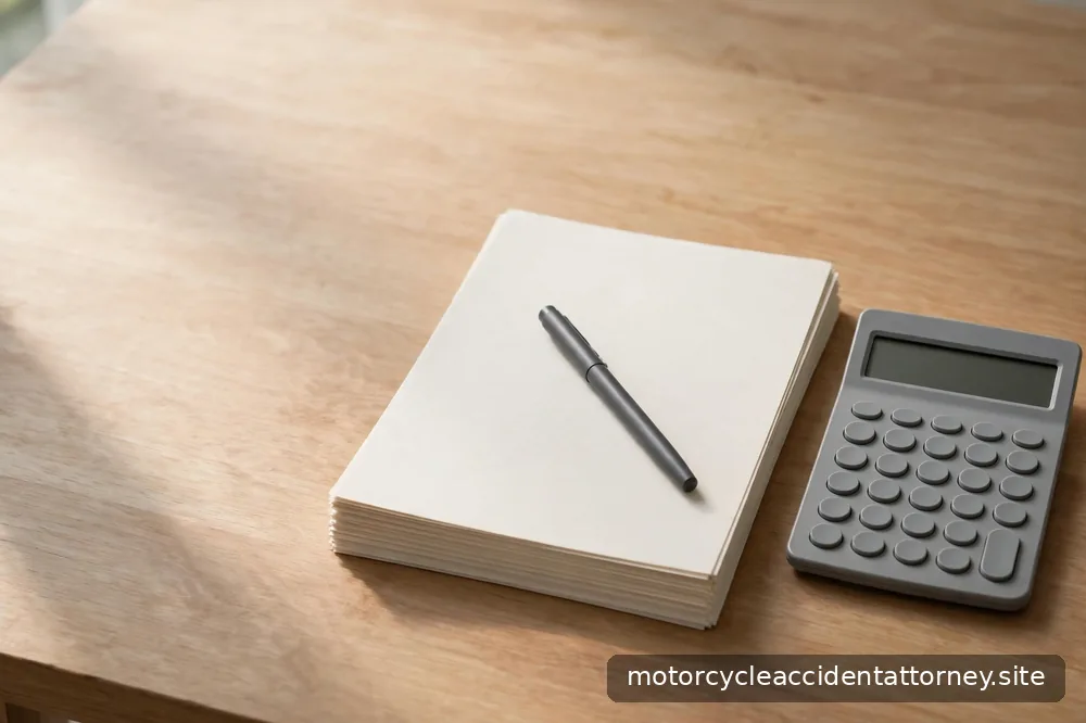 A pen resting on a stack of paper documents beside a calculator on a wooden desk