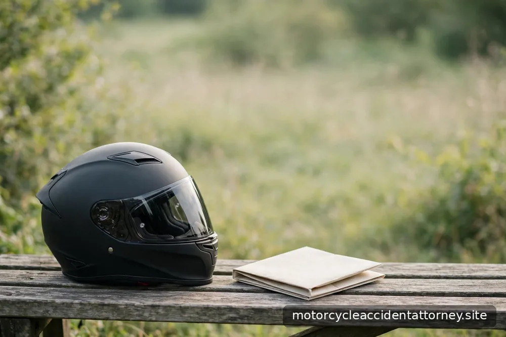 A motorcycle helmet resting on a wooden bench beside a folded road map