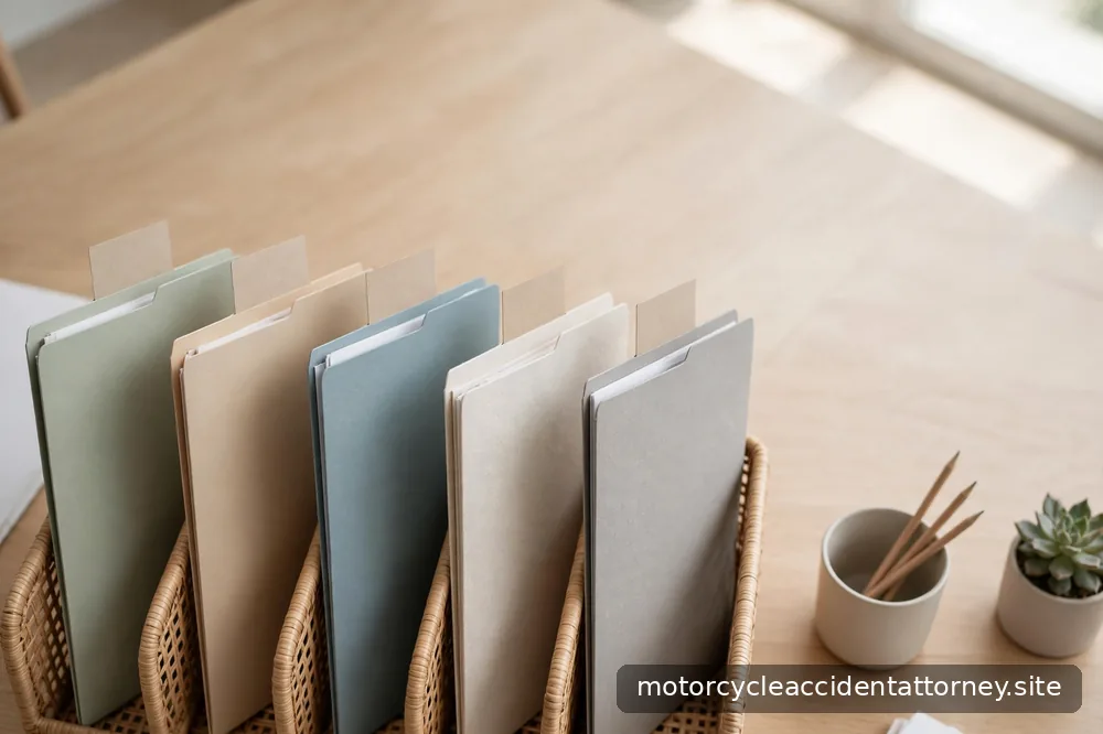 Documents organized in labeled folders on an office desk