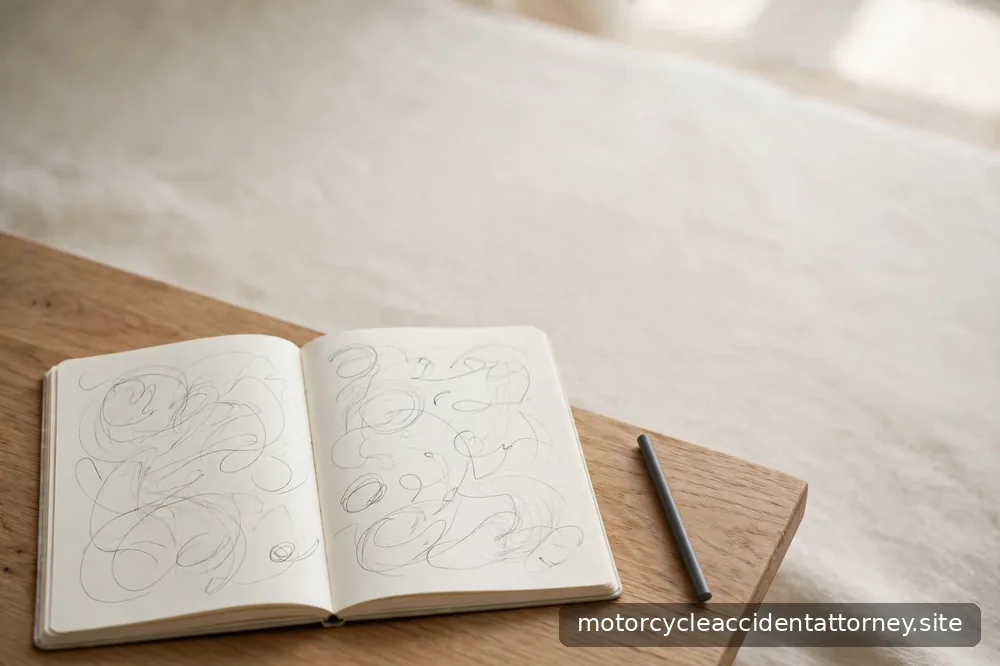 A notebook with handwritten questions beside a pen on a wooden desk