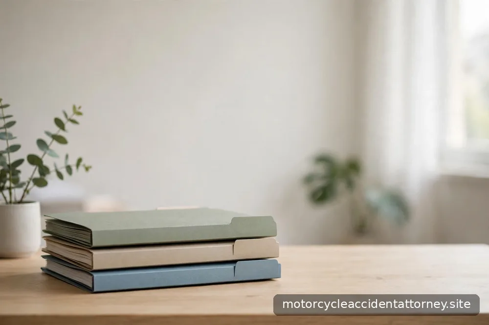 Labeled folders stacked on a desk in a quiet office