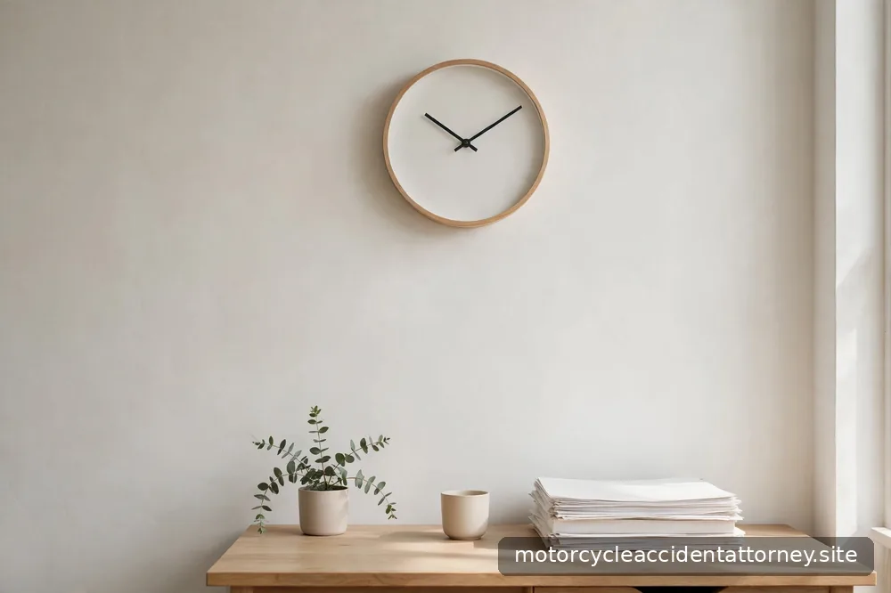A wall clock above a tidy desk with stacked documents