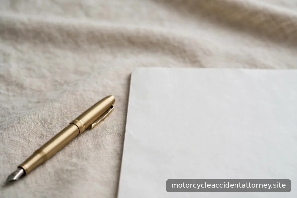 Close-up of a pen beside a blank document page, the text blurred beyond readability