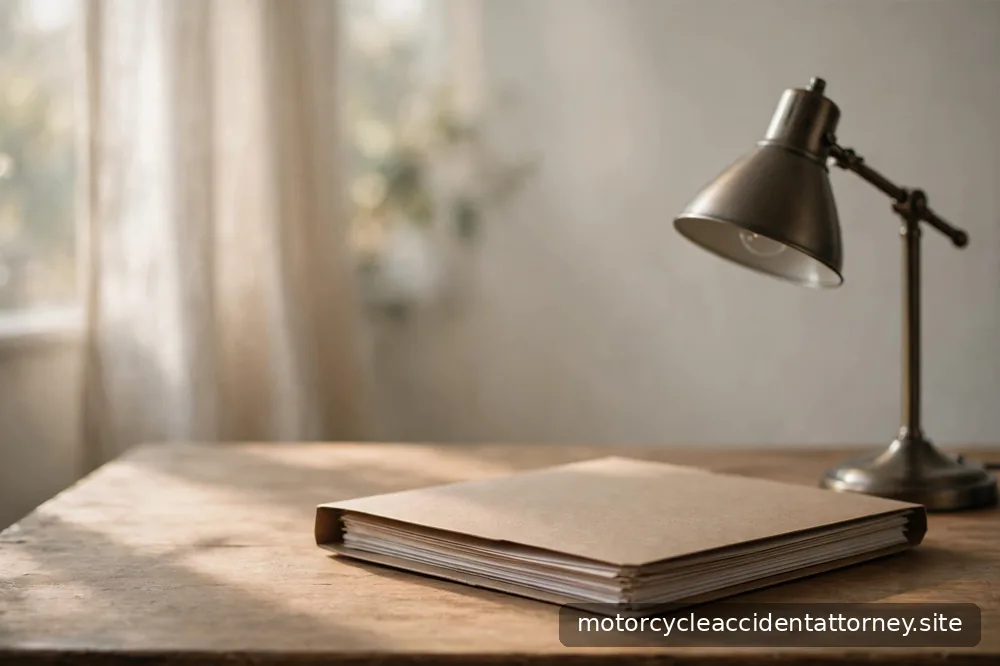 A closed folder of papers resting on a wooden desk beside an unlit lamp in soft morning light