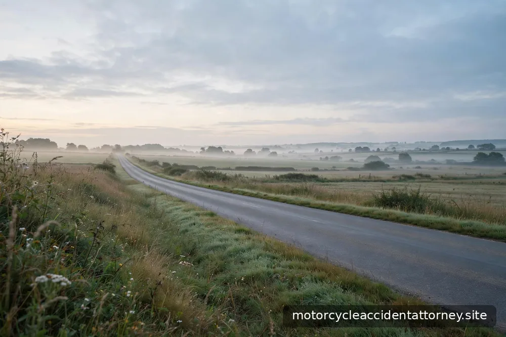 An empty country road at dawn, seen from the roadside, with no vehicles in frame