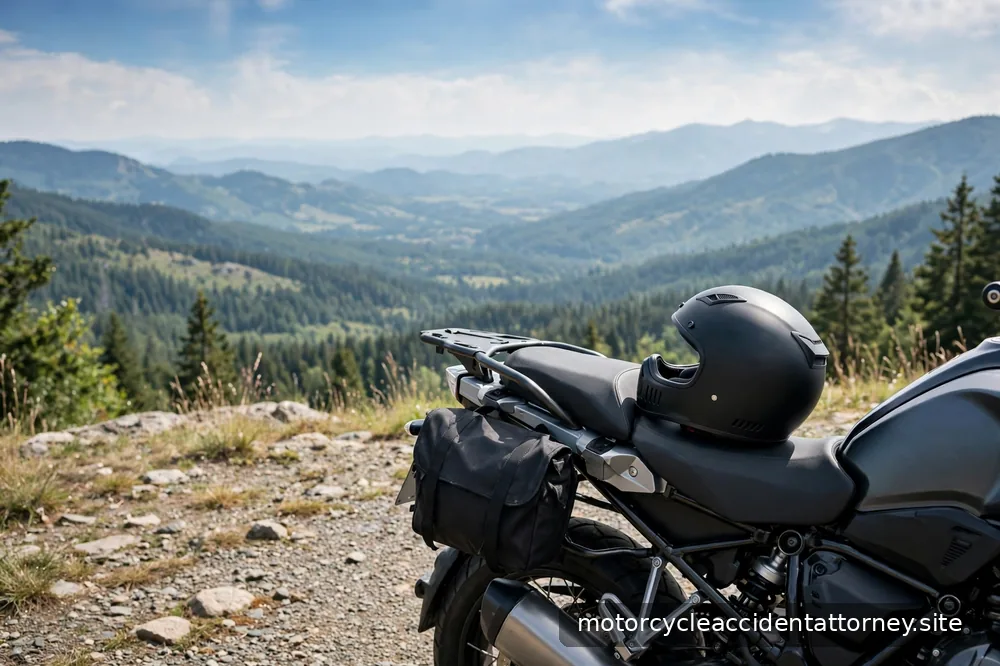 A passenger helmet resting on the rear seat of a parked motorcycle at a scenic overlook in daylight
