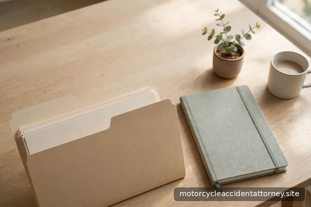 A labeled folder of paper records and a notebook resting on a home-office desk in morning light
