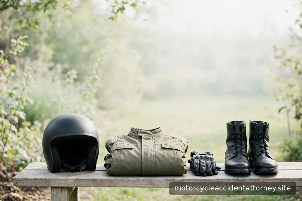 Motorcycle riding gear arranged neatly at rest on a wooden bench in soft daylight