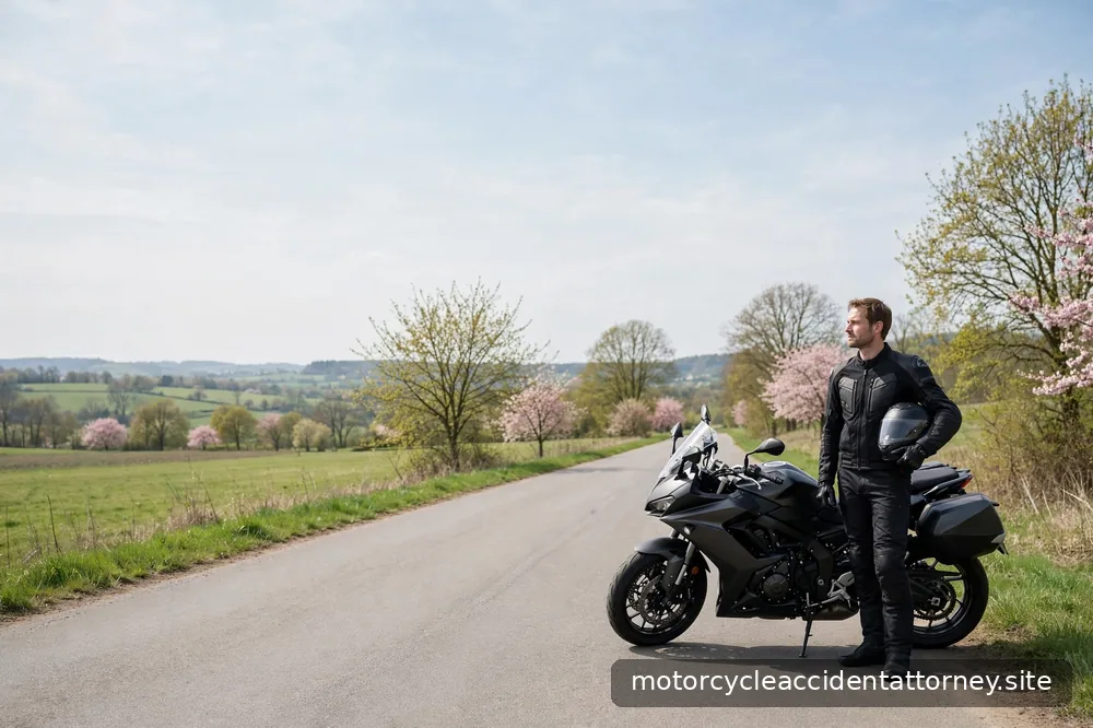 A rider in full gear standing beside a parked motorcycle on an empty road in spring daylight