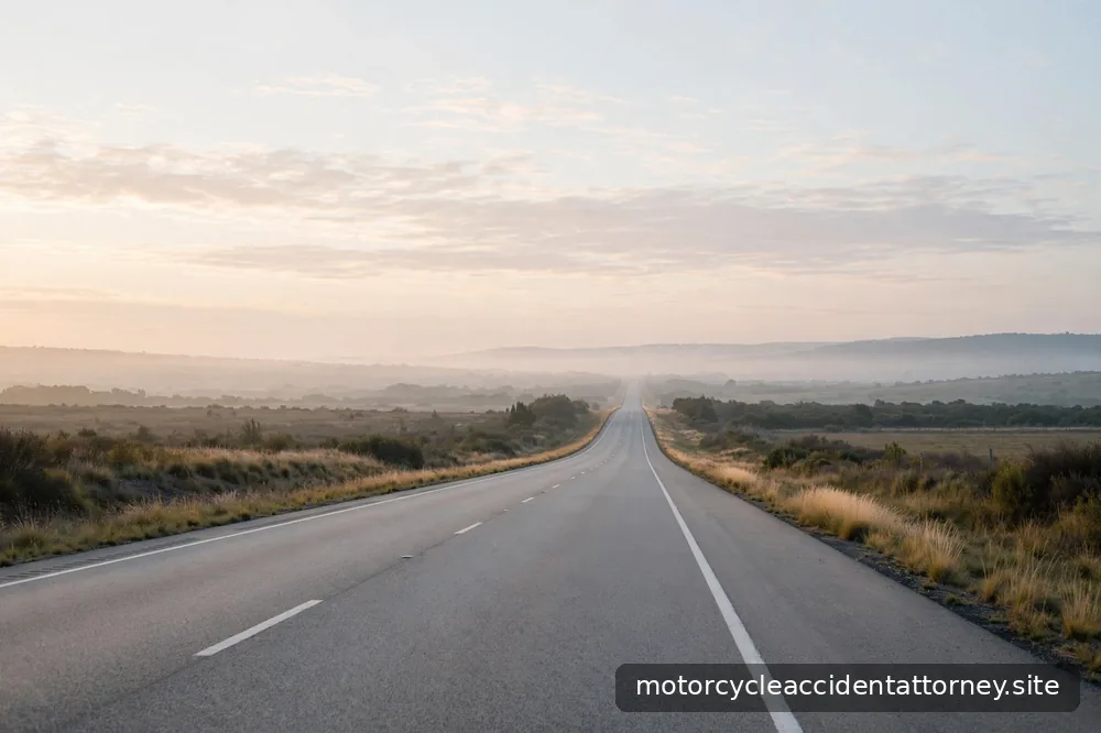 An empty interstate highway stretching toward the horizon at dawn, no vehicles in frame
