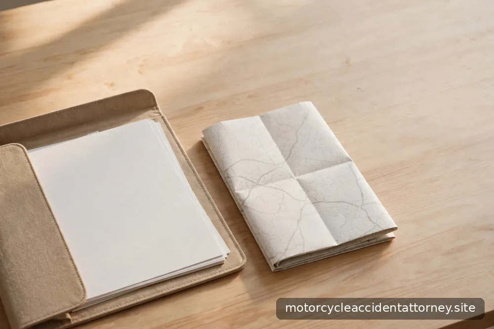 A travel folder of papers and a road map resting on a wooden desk in morning light