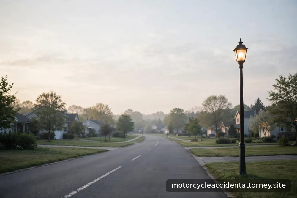 An empty suburban road at dawn with a glowing streetlamp, no vehicles in frame