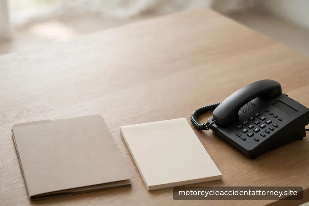 A desk phone and a notepad beside a closed folder on a wooden desk in soft light
