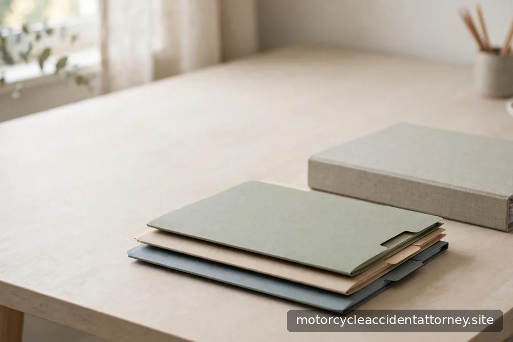 Neatly stacked labeled folders and a closed binder on a home-office desk in daylight