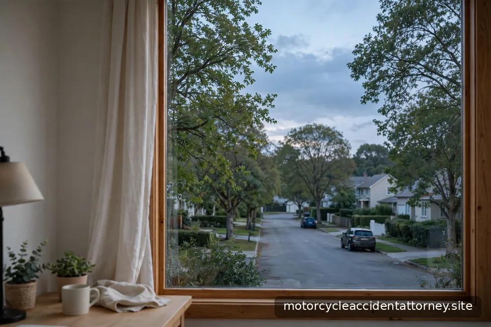 A calm window view of a quiet residential street at dusk, seen from a home office